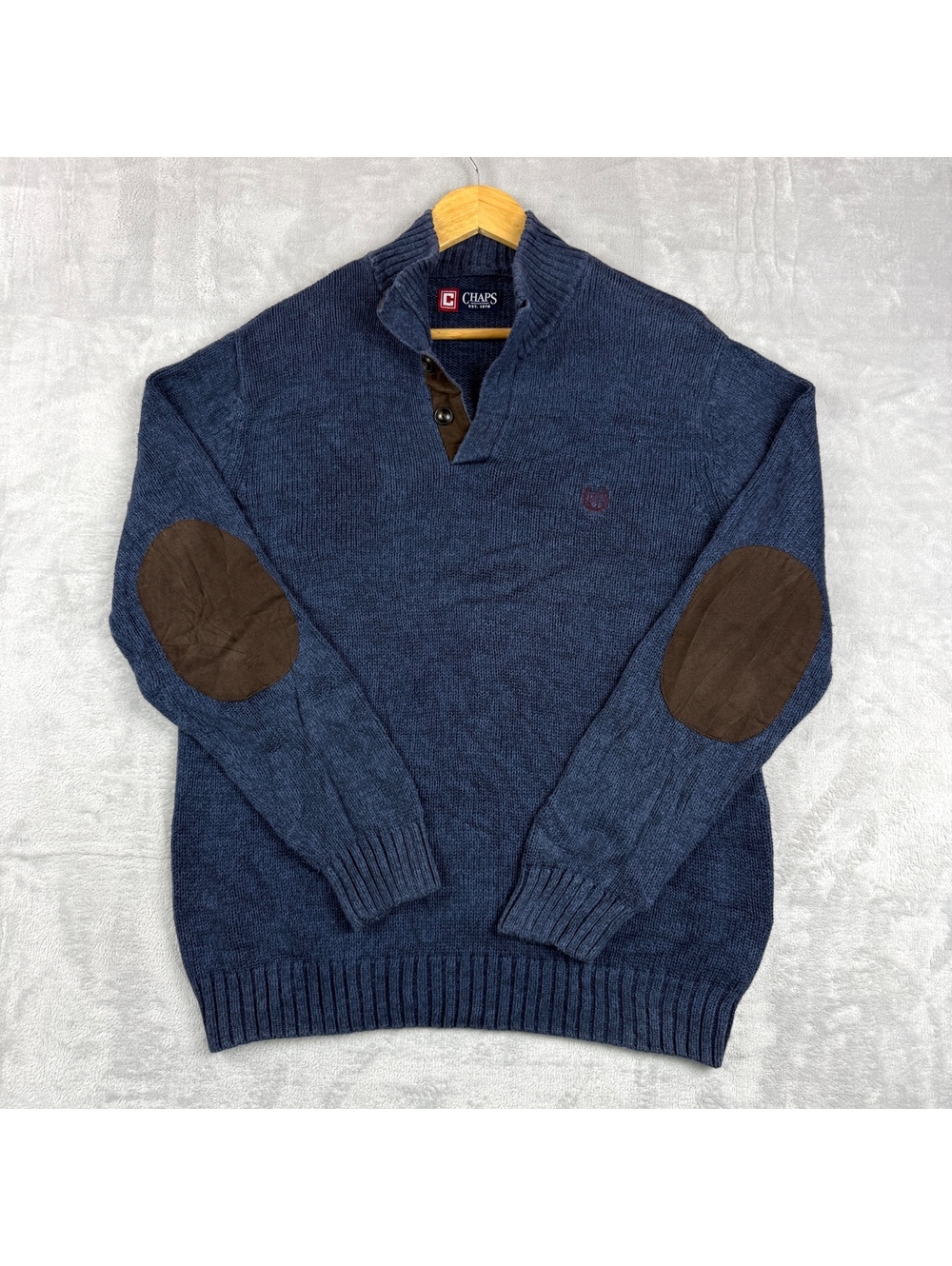 Chaps Blue Cotton Mock Neck Sweater MenM Elbow Patch Button Collar Heritage Prep